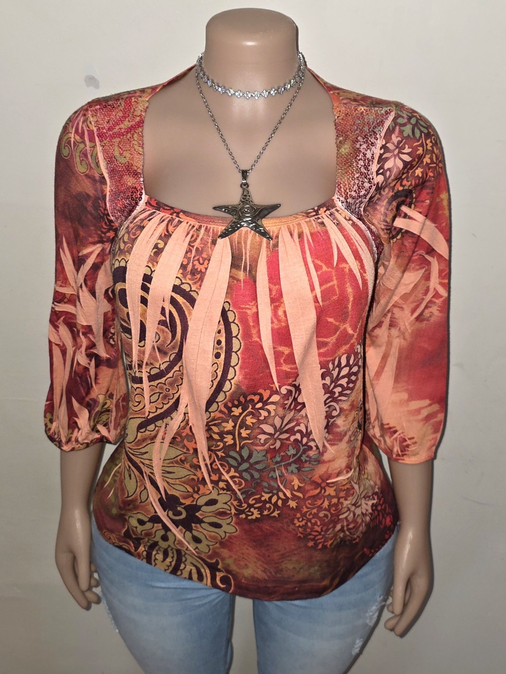 ☆Vintage Susie Orange Floral-Print Square Neck Long Sleeve Top☆